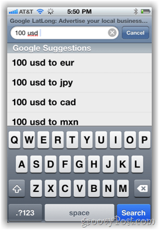 Przelicznik walut Google.com na iPhone Mobile