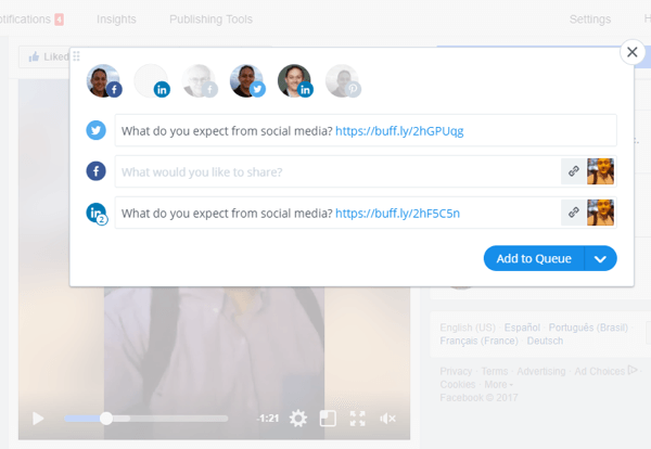 Narzędzia takie jak Buffer mogą pomóc w udostępnianiu wideo Facebook Live na wielu platformach społecznościowych.