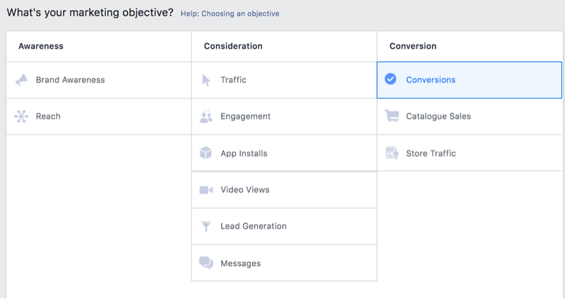 opcja w menedżerze reklam na Facebooku, aby wybrać konwersje jako cel marketingowy