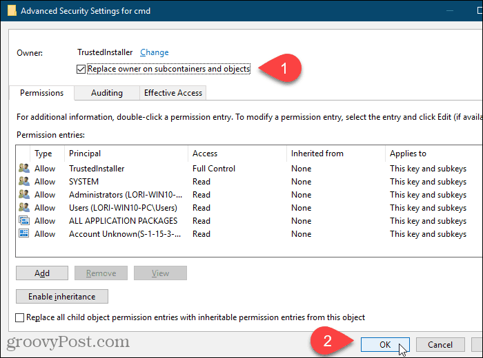 Zaznacz pole Zastąp właściciela podwykonawców i obiektów w oknie dialogowym Zaawansowane ustawienia zabezpieczeń w Edytorze rejestru systemu Windows