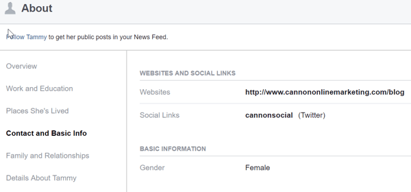 W sekcji Informacje swojego osobistego profilu na Facebooku udostępnij witrynę swojej firmy i linki do platform społecznościowych, na których działa Twoja firma.