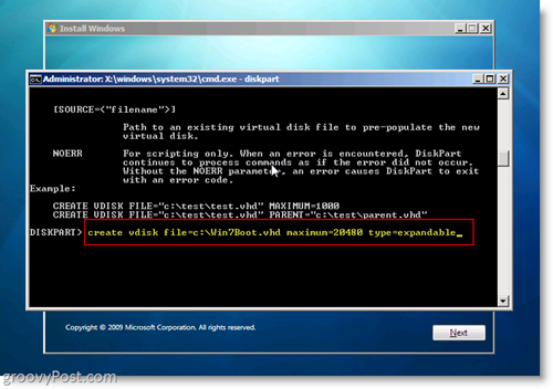 Windows 7 Native VHD Install Dual Boot Utwórz VHD z CMD Monit