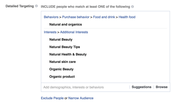 przykład szczegółowych opcji kierowania reklamy na Facebooku