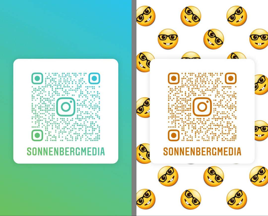 jak-utworzyć-kod-qr-na-instagramie, aby udostępnić-profil-zmiana-koloru-opcje-projektowania-wzór-emoji-sonnenbergmedia-przykład-12