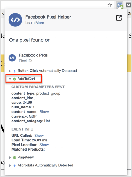 Wyniki wtyczki Facebook Pixel Helper na stronie Dodaj do koszyka
