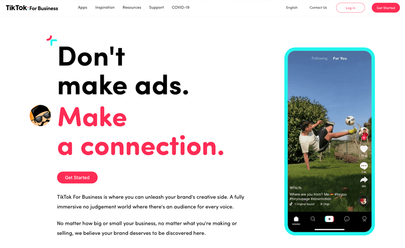 zrzut ekranu tiktok dla firm z informacją „nie twórz reklam. nawiązać połączenie.