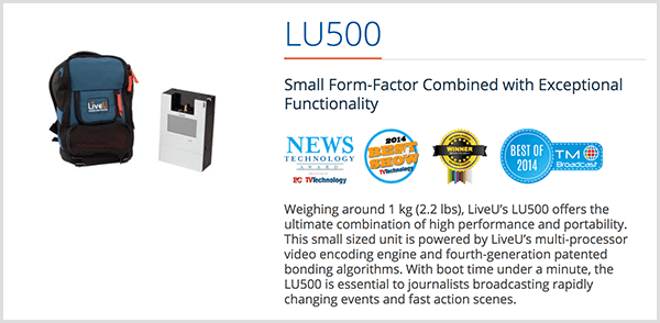 Luria Petrucci używa plecaka LU500 do strumieniowego przesyłania filmów irl na żywo na Twitchu. Strona sprzedaży LiveU mówi, że to urządzenie do przesyłania strumieniowego ma mały współczynnik kształtu w połączeniu z wyjątkową funkcjonalnością. Pod tym opisem znajduje się kilka nagród dla produktów.