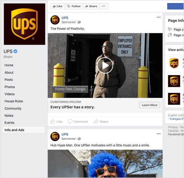 Jeśli spojrzysz na reklamy na Facebooku od UPS, jasne jest, że używają one narracji i emocjonalnego odwołania do budowania świadomości marki.
