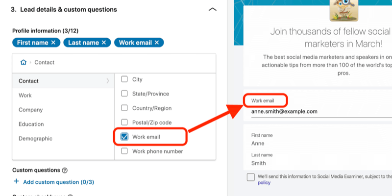 zrzut ekranu pola służbowego adresu e-mail wybranego dla formularza generowania potencjalnych klientów w konfiguracji reklamy LinkedIn