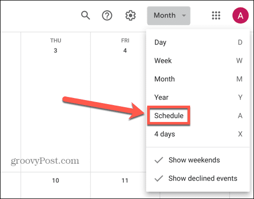 kalendarz google wybierz widok harmonogramu