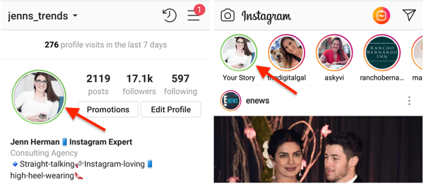 Zielony wskaźnik kółka dla Twojego zdjęcia profilowego na Instagramie, gdy udostępniasz historię swojej liście bliskich znajomych.