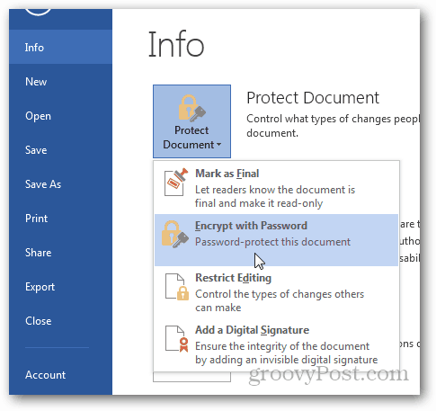 Ochrona hasłem i szyfrowanie dokumentów Office 2013: Kliknij opcję Szyfruj za pomocą hasła