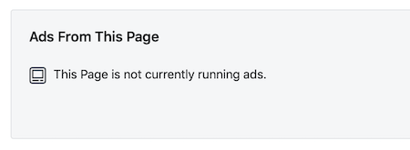 Komunikat „Ta strona nie wyświetla obecnie żadnych reklam” dla strony na Facebooku