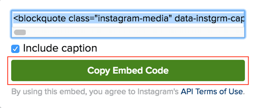 Kliknij zielony przycisk, aby skopiować kod osadzania postów na Instagramie.