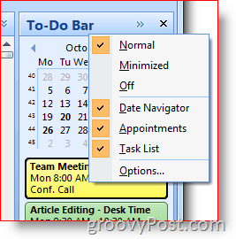 Pasek zadań programu Outlook 2007 - kliknij prawym przyciskiem myszy, aby wybrać opcje