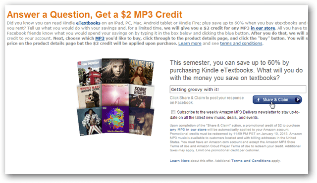 Uzyskaj 2 USD kredytu Amazon MP3 za post na Facebooku