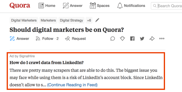 Przykład marketingu w serwisie Quora z płatną reklamą.