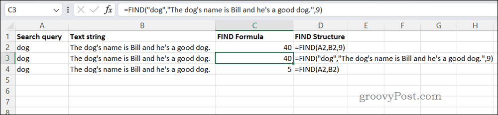Przykładowa formuła ZNAJDŹ w Excelu