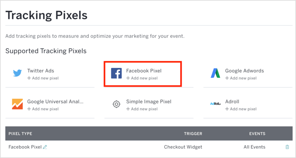 W Eventbrite kliknij Facebook Pixel i wprowadź swój identyfikator piksela oraz inne szczegóły.