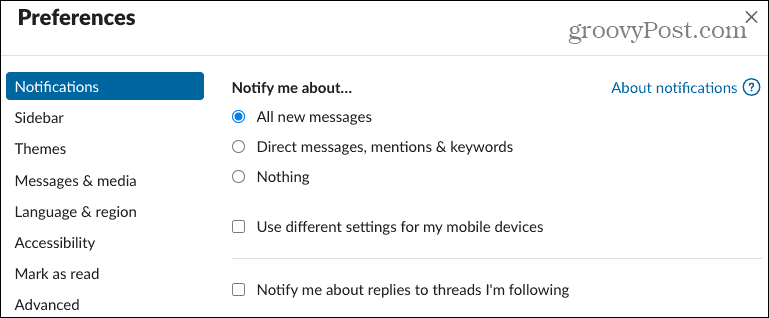 Powiadomienia o preferencjach w Slack Desktop
