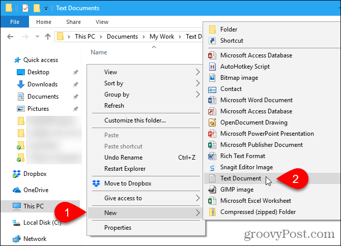 Przejdź do Nowy> Dokument tekstowy w Eksploratorze plików Windows