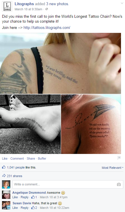 tatuaż litograficzny post na Facebooku