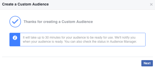Po utworzeniu nowej niestandardowej listy odbiorców na Facebooku wypełnienie jej może zająć do 30 minut.