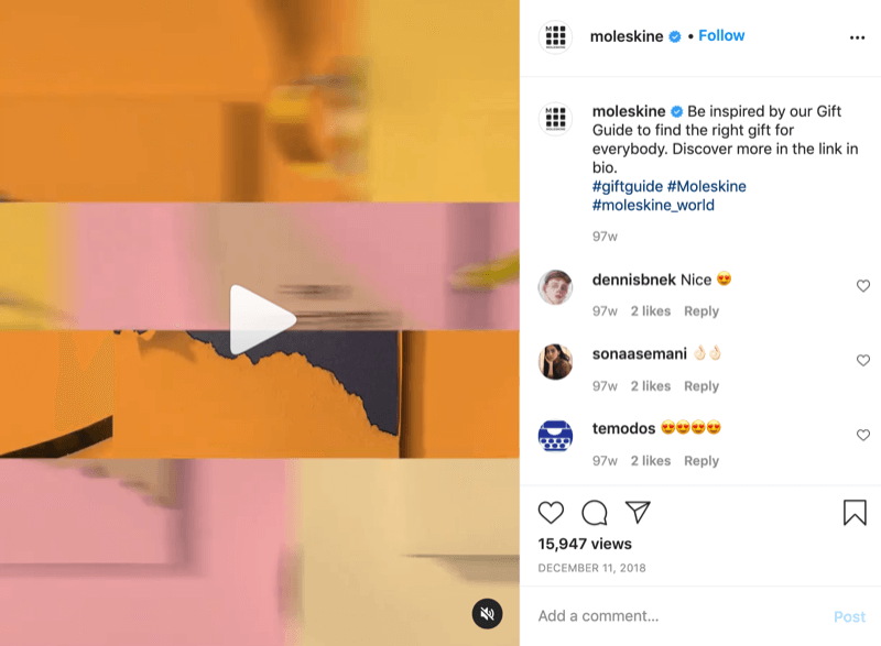 przykład postu wideo z pomysłem na prezent na Instagramie od @moleskine z wezwaniem do działania kierującym widzów do linku w biografii po więcej