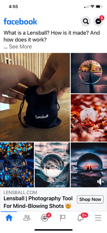 przykładowy kolaż reklamowy na facebooku dla Lensball, pokazujący produkt w małej czarnej torbie ze sznurkiem wraz z 5 przykładowymi ujęciami produktu w użyciu na zdjęciach