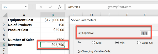 Komórka Ustaw cel w Solver dla programu Excel