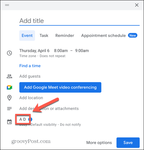 Zrzut ekranu opcji kalendarza wydarzeń Kalendarza Google