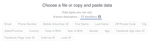 Możesz dodać 17 identyfikatorów użytkowników do danych, które przesyłasz do Facebooka, ale zawsze upewnij się, że używasz adresów e-mail, gdy to możliwe.