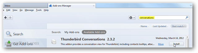 konwersacje z thunderbirdem - zainstaluj dodatek przez stronę wyszukiwania