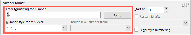 Ustawienia formatu liczb dla list wielopoziomowych w programie Word