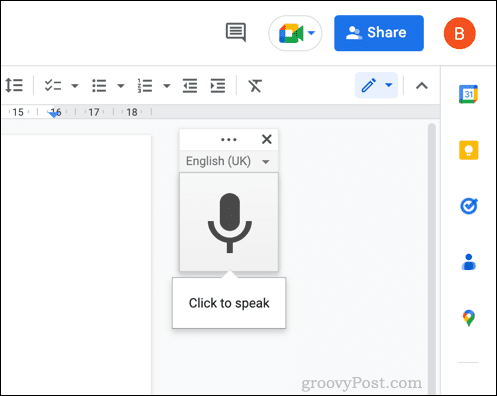 Pole menu pisania głosowego w Dokumentach Google