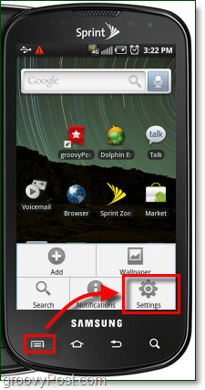 uruchom aplikację ustawień z przycisku menu na Androidzie
