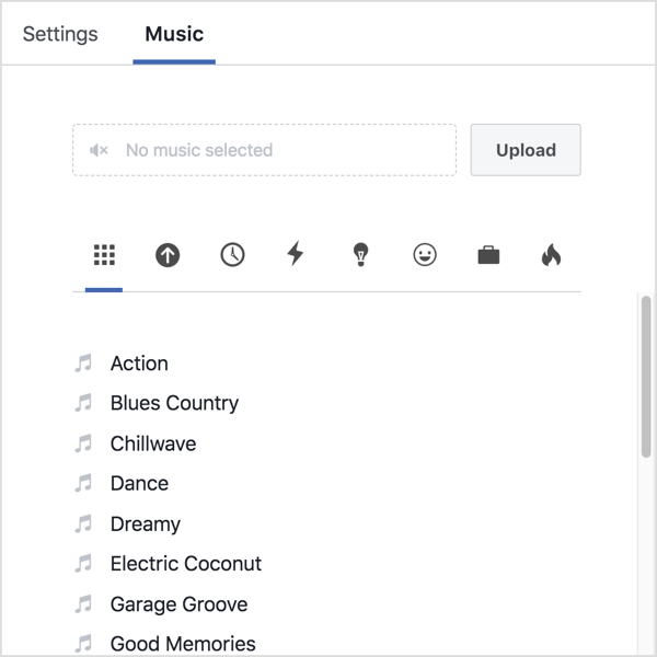 Kliknij kartę Muzyka i prześlij własny plik audio lub wybierz utwór z biblioteki Facebooka.