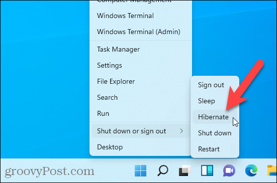 Opcja hibernacji dostępna w menu Windows + X w Windows 11