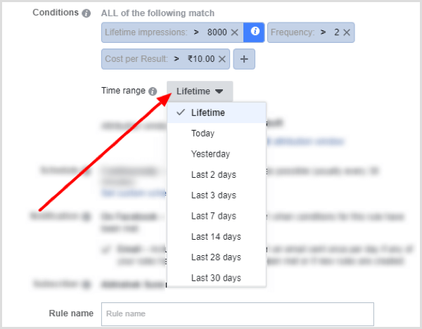 Opcje menu rozwijanego zakresu czasu podczas konfigurowania warunku dla reguły Facebooka
