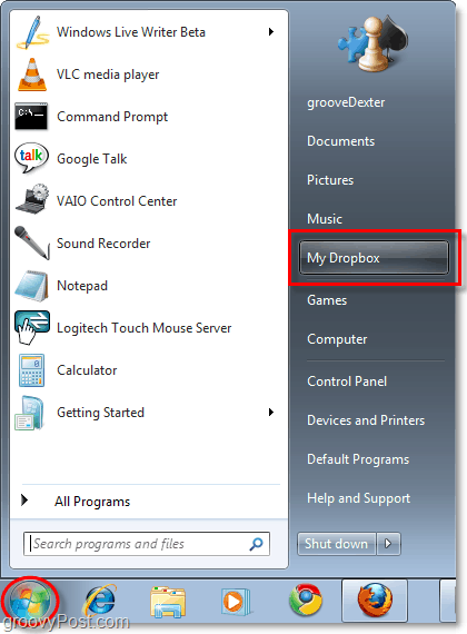 mój dropbox w Windows menu Start 7