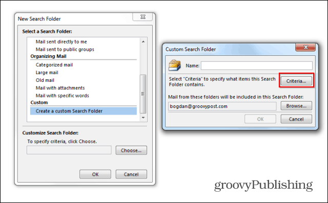 Niestandardowe foldery wyszukiwania programu Outlook 2013