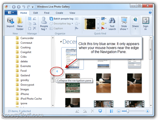Pokaż / Ukryj okienko nawigacji w Galerii fotografii Windows Live 