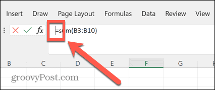 kursor paska formuły programu Excel na lewo od równości