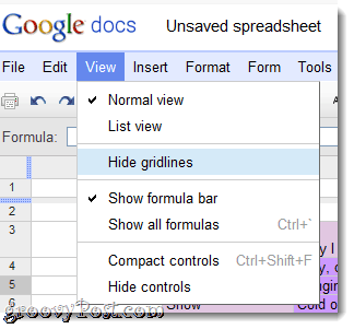 Ukryj linie siatki w menu Dokumentów Google