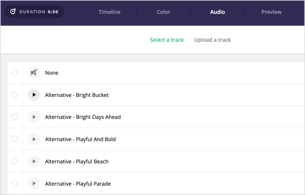 Wybierz ścieżkę dźwiękową, którą chcesz dodać do swojego filmu Biteable.