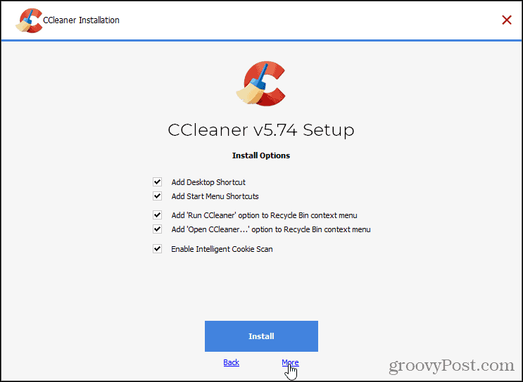 Kliknij Więcej w instalacji CCleaner