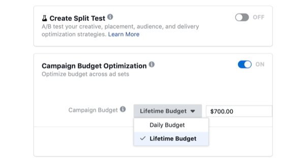 wybranie Optymalizacji budżetu kampanii i Budżetu dożywotniego dla kampanii na Facebooku w dniu szybkiej sprzedaży