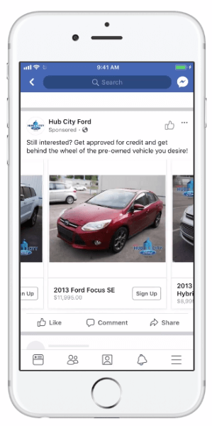 Facebook wprowadził dynamiczne reklamy, które umożliwiają firmom motoryzacyjnym korzystanie z katalogu pojazdów w celu zwiększenia trafności reklam.