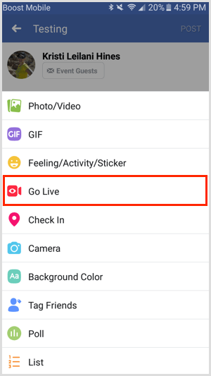 Opcja Idź na żywo dla wydarzenia na Facebooku za pośrednictwem aplikacji mobilnej Facebook