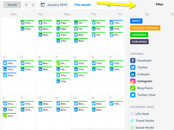 Jak organizować zadania marketingowe w mediach społecznościowych, przegląd kalendarza ContentCal z filtrami